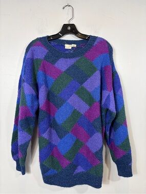 Vintage Erma Miro Colorblock Mohair Blend Sweater Purple Blue Green Oversized